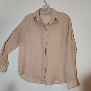 Zara Tan Boxy Button Down Shirt with Notched Collar. 19" Pit to Pit 23" Long
